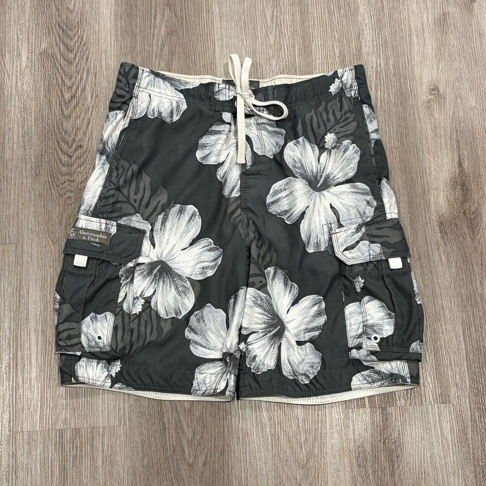 Vintage 00s Y2K Abercrombie & Fitch Swim Trunks Men Large Gray White Floral Surf